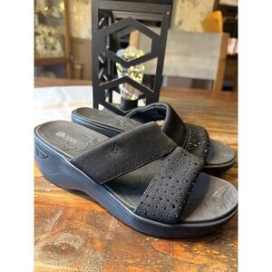 Zees Black Embellished Slip‎ On Wedge Sandals Women Size 10M Dynasty Bright